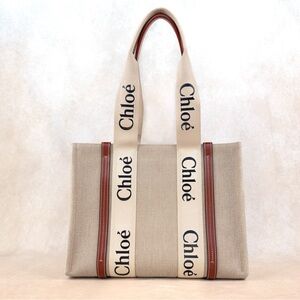 Chloé Woody Medium Tote Beige Linen Canvas Logo Strap Brown Leather Trim